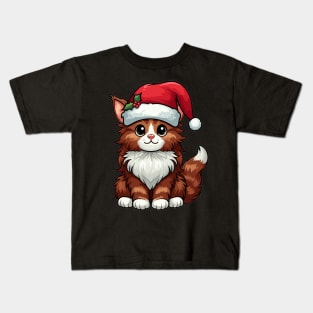 Maine Coon Cat Wearing Santa Hat Merry Christmas Kids T-Shirt